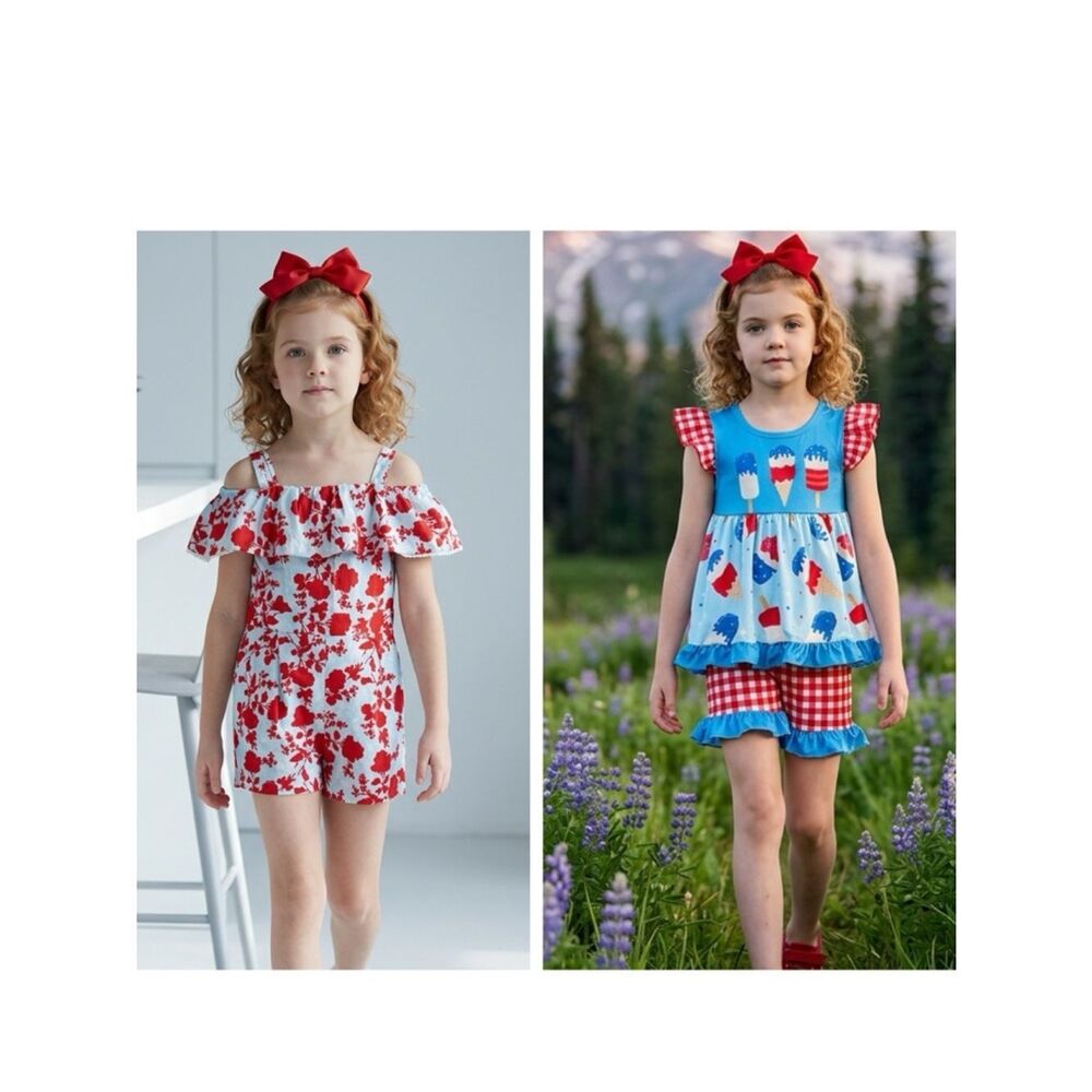 EUC Toddler Girls Lot of Romper & Short Set - Summer July 4th Ruffle Shorts - 2T